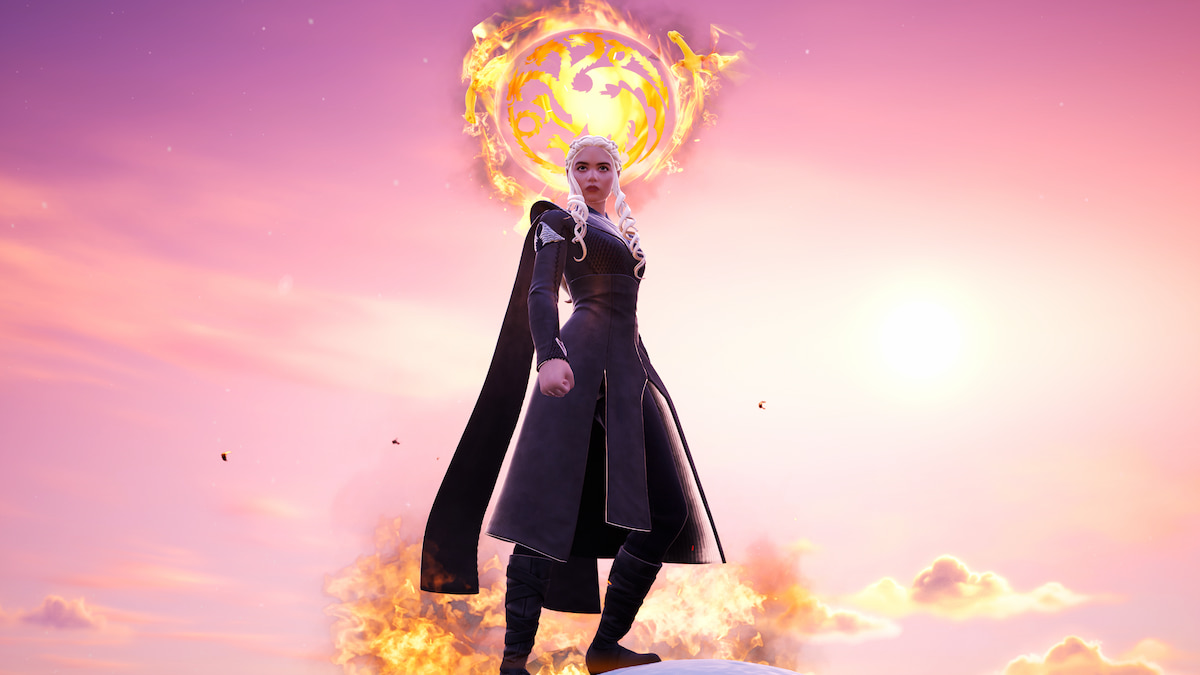 Dany standing on a snowy peak surrounded by fire in fortnite