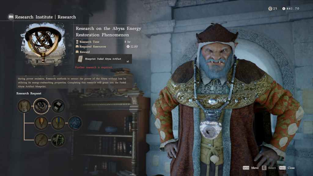 Research institute head in Crimson Desert on the side with research option shown on the left. 