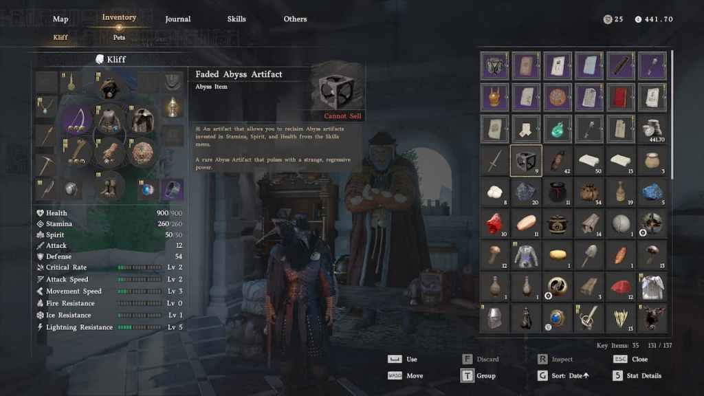 Inventory screen in Crimson Desert with the Faded Abyss Artifact item highlighted. 