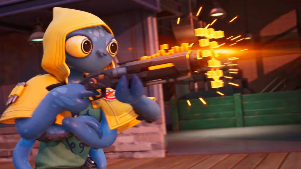 Fish character shooting orange block gun in fortnite
