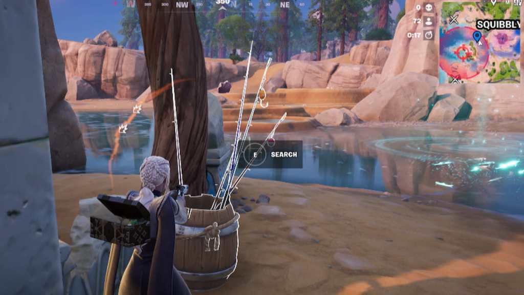 Dany preparing to grab fishing rod from barrel by shiny pool in fortnite