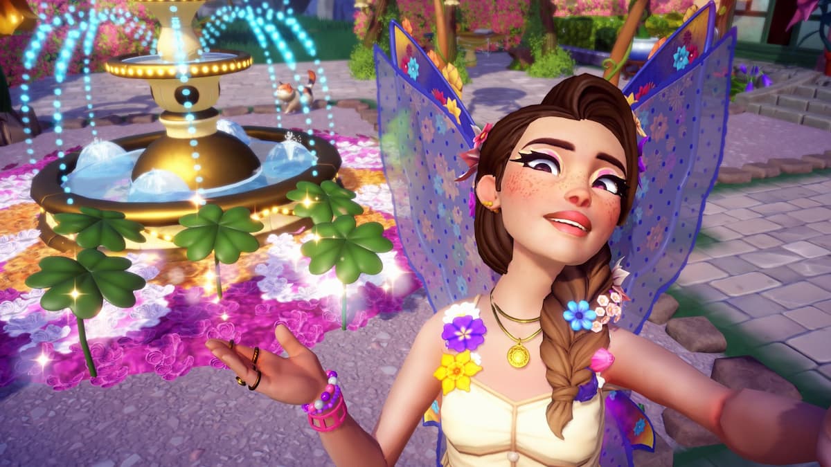 Taking picture with four-leaf clovers on ground in disney dreamlight valley