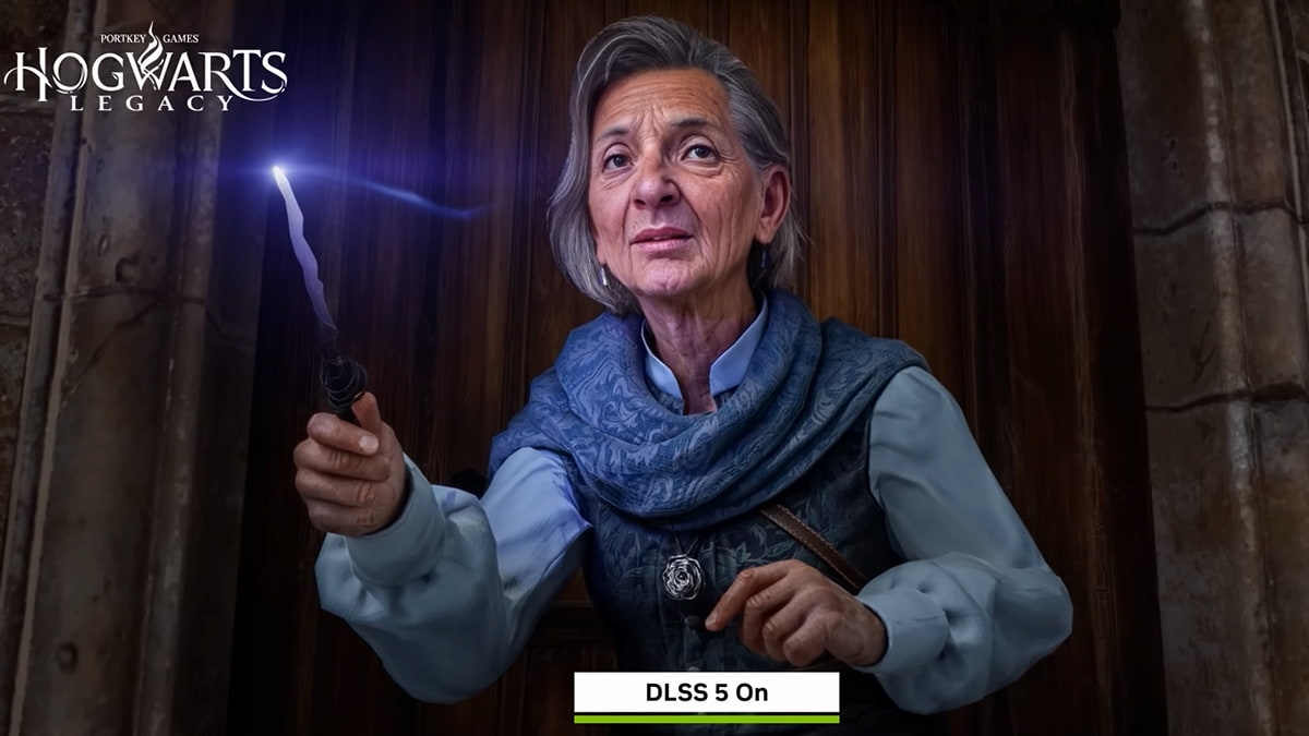 Character in Hogwarts Legacy upscaled using DLSS 5.