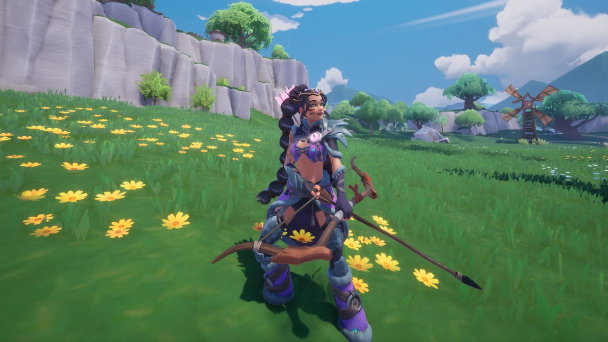 Player standing in field holding bow and arrow in palia