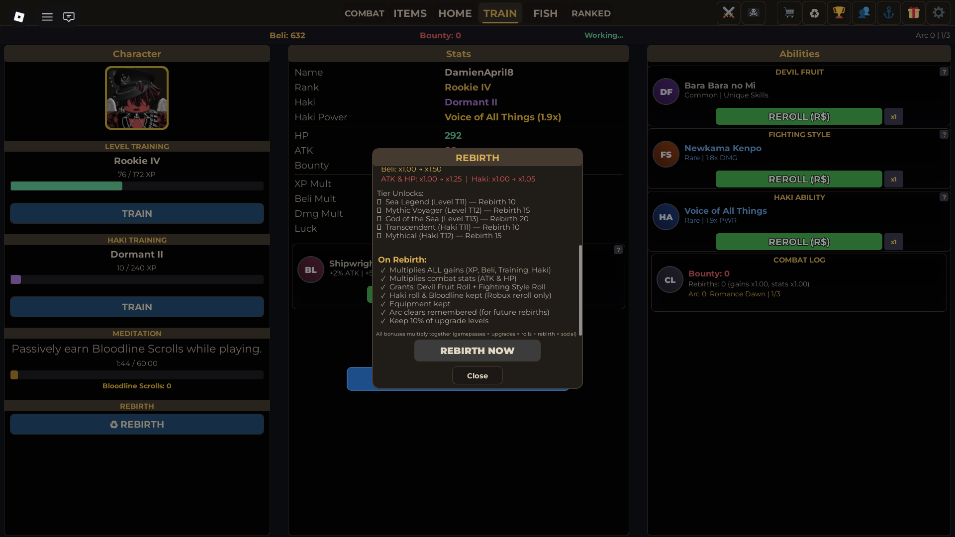 How to get Devil Fruit, Fighting Style, Bloodline, and Haki Rerolls by rebirthing in Fruit Piece Incremental Roblox experience.