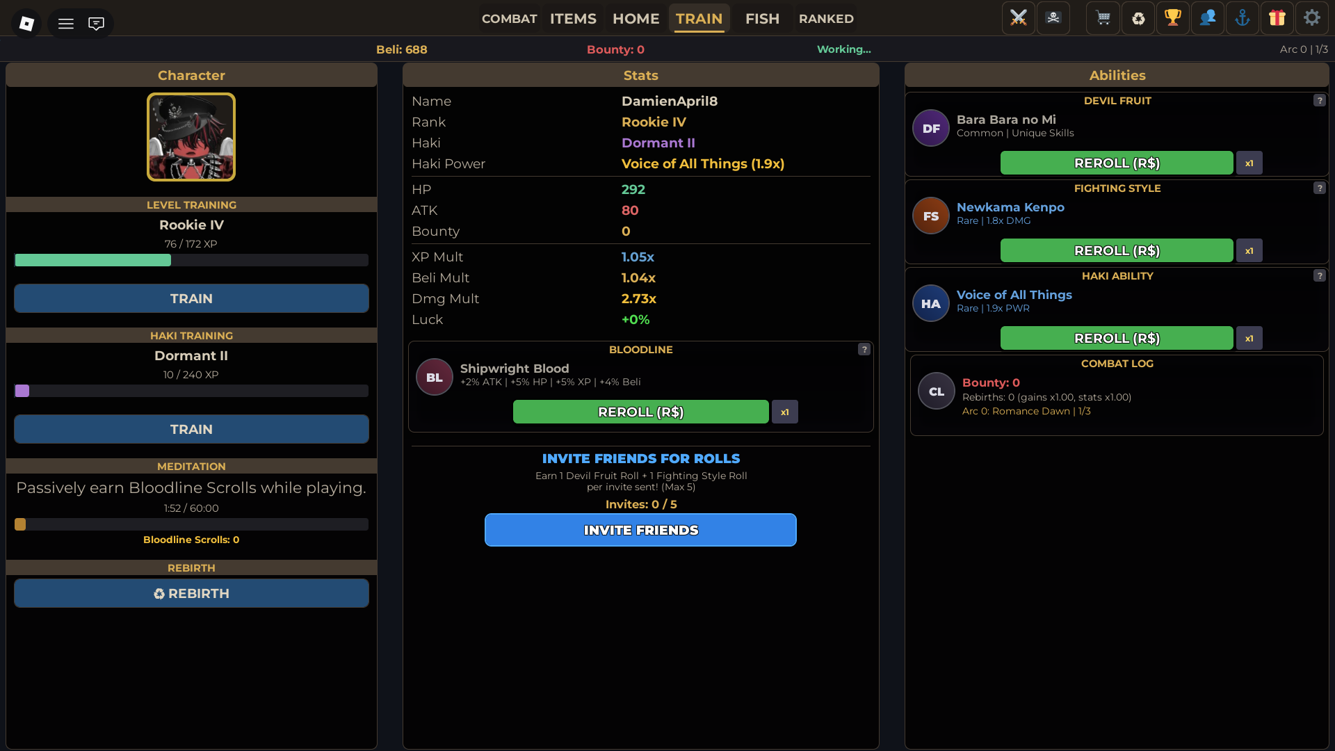 How to reroll Devil Fruits, Fighting Styles, Haki, and Bloodlines in Fruit Piece Incremental Roblox experience.