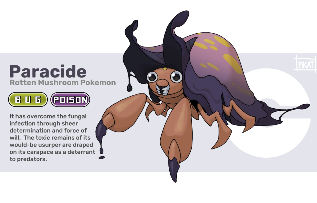 Fan art of Paracide, a mock-up of what a new evolution for Paras could look like. It's an orange hermit crab with a purple and yellow, goopy shell.