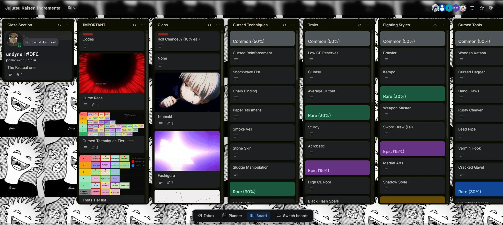 Preview of the Jujutsu Kaisen Incremental Trello board that serves as a wiki for the game.
