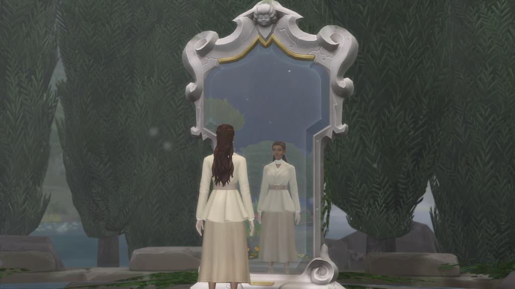A Sim looking into a magical enchanted mirror in the sims 4