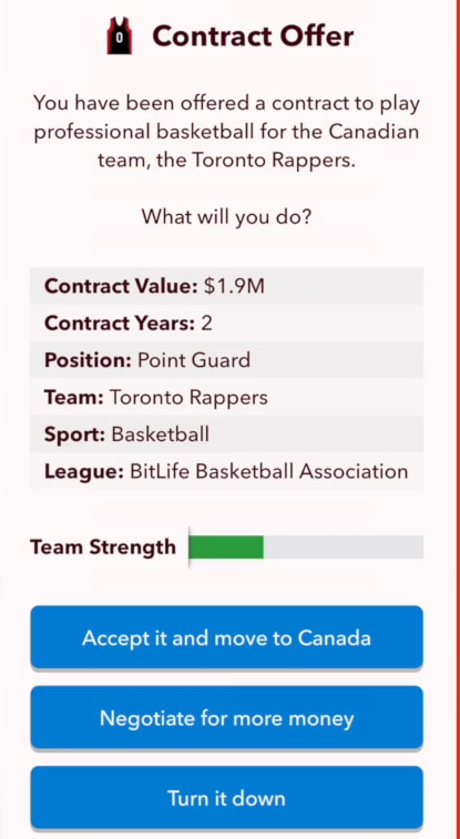 Team offer with low team strength in bitlife