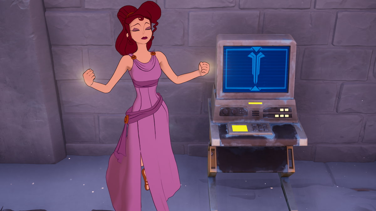 Meg flying in front of monitoring reports station in fortnite