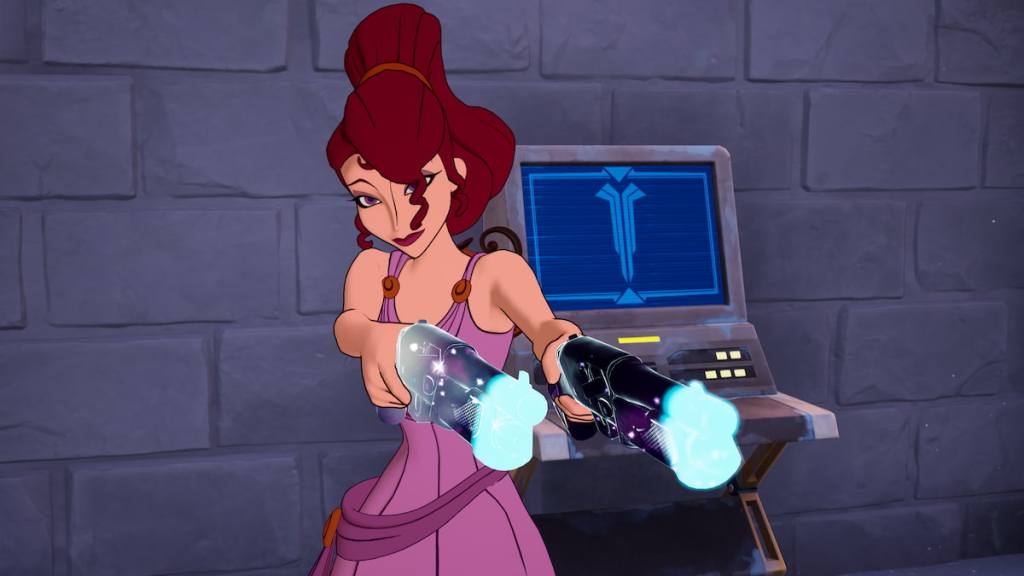 Meg standing and shooting by monitoring reports station in fortnite