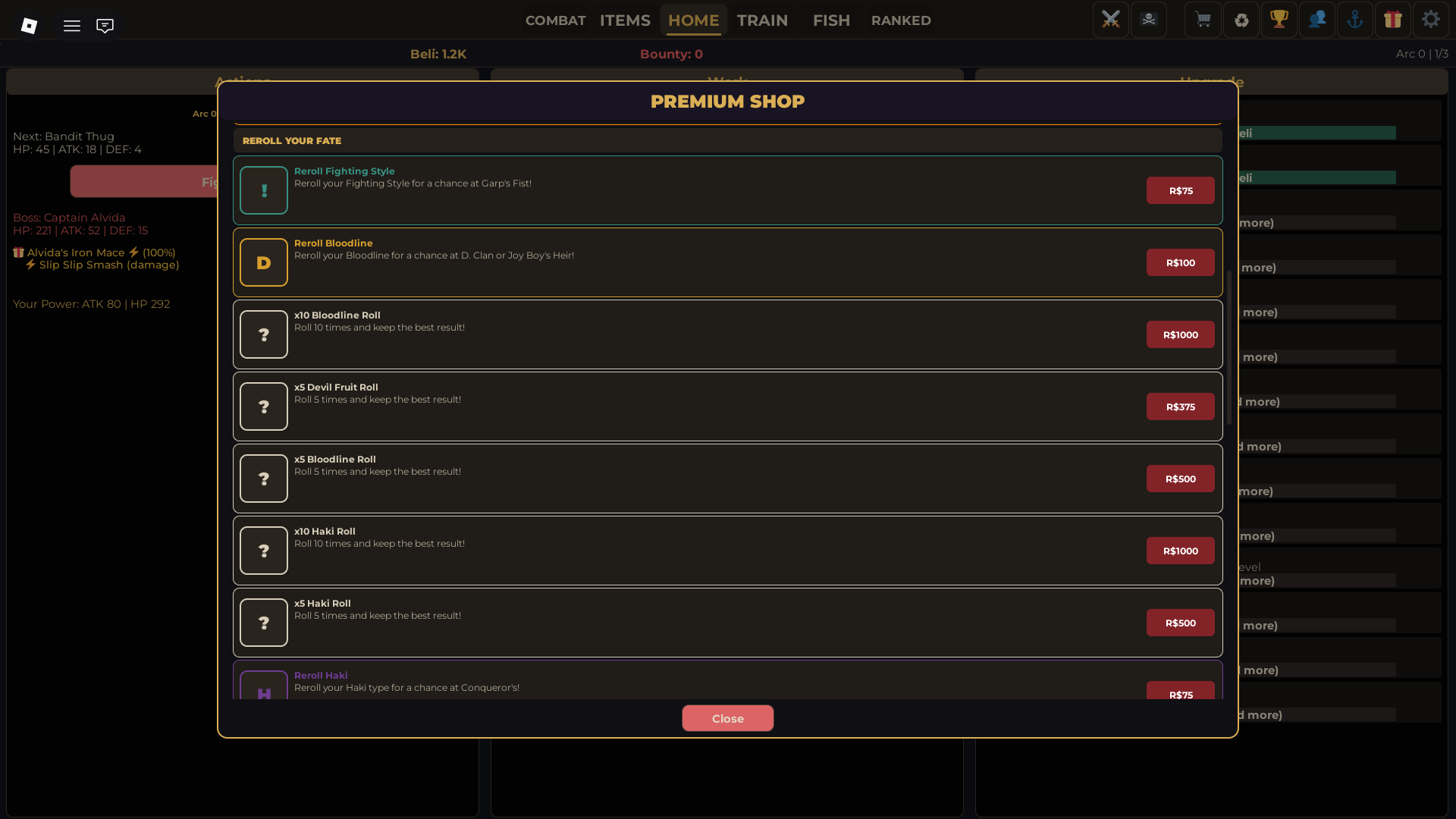 Preview of the Premium Shop in Fruit Piece Incremental Roblox experience where one can buy Devil Fruit, Fighting Style, Bloodline, and Haki Rerolls.