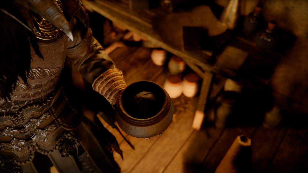 Crimson Desert Palmar Pill crafting cutscene.