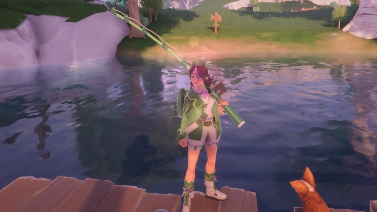 Player wearing green outfit holding fishing rod and smiling after catching fish in palia