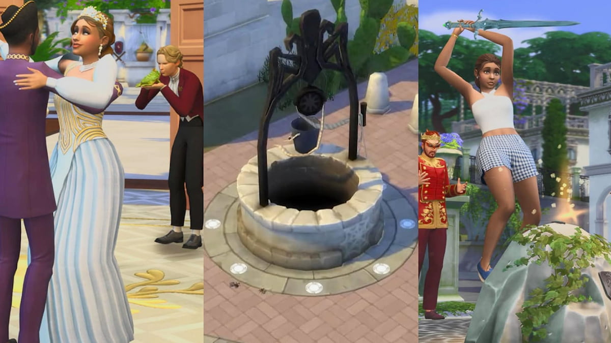 Power shifts including sim kissing a frog, a mysterious well, and a sim pulling a sword from a stone in the sims 4