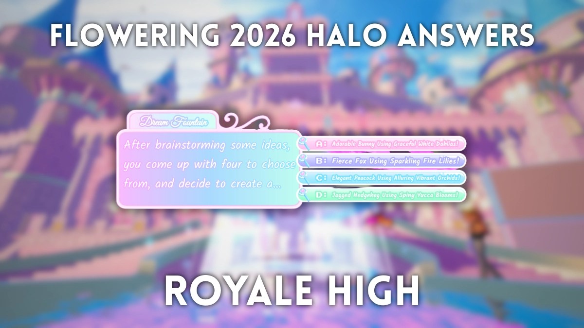 Preview of one of the correct Royale High Flowering 2026 Halo answers for the Dream Fountain wish event where one can get the Frolicking Fields Halo in the Royale High Roblox experience.