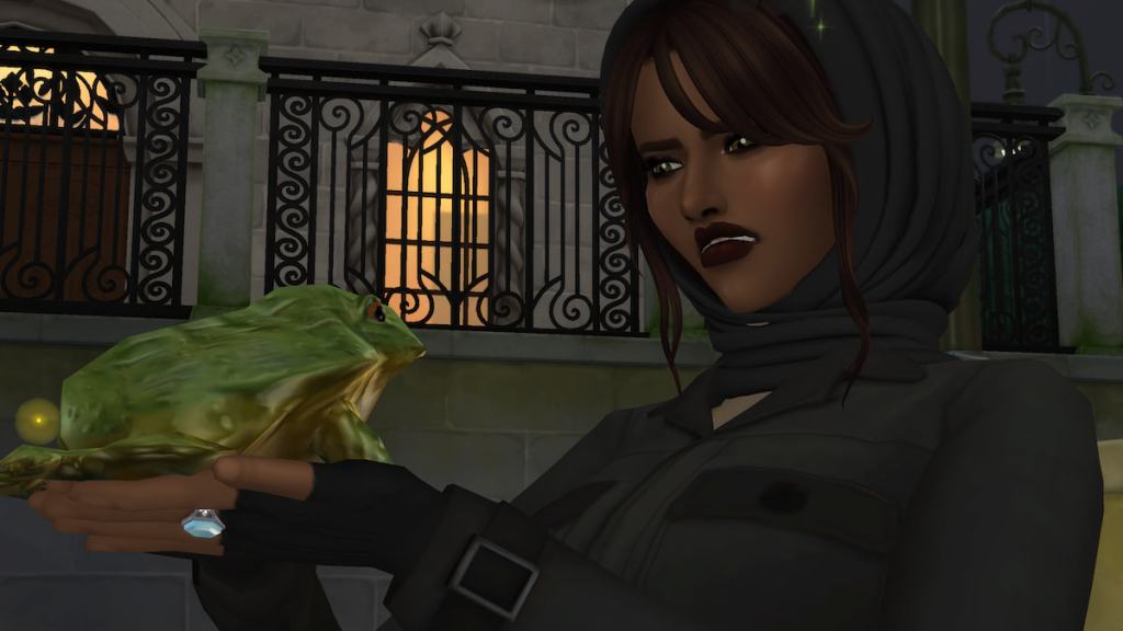 Sim holding a noble frog in the sims 4