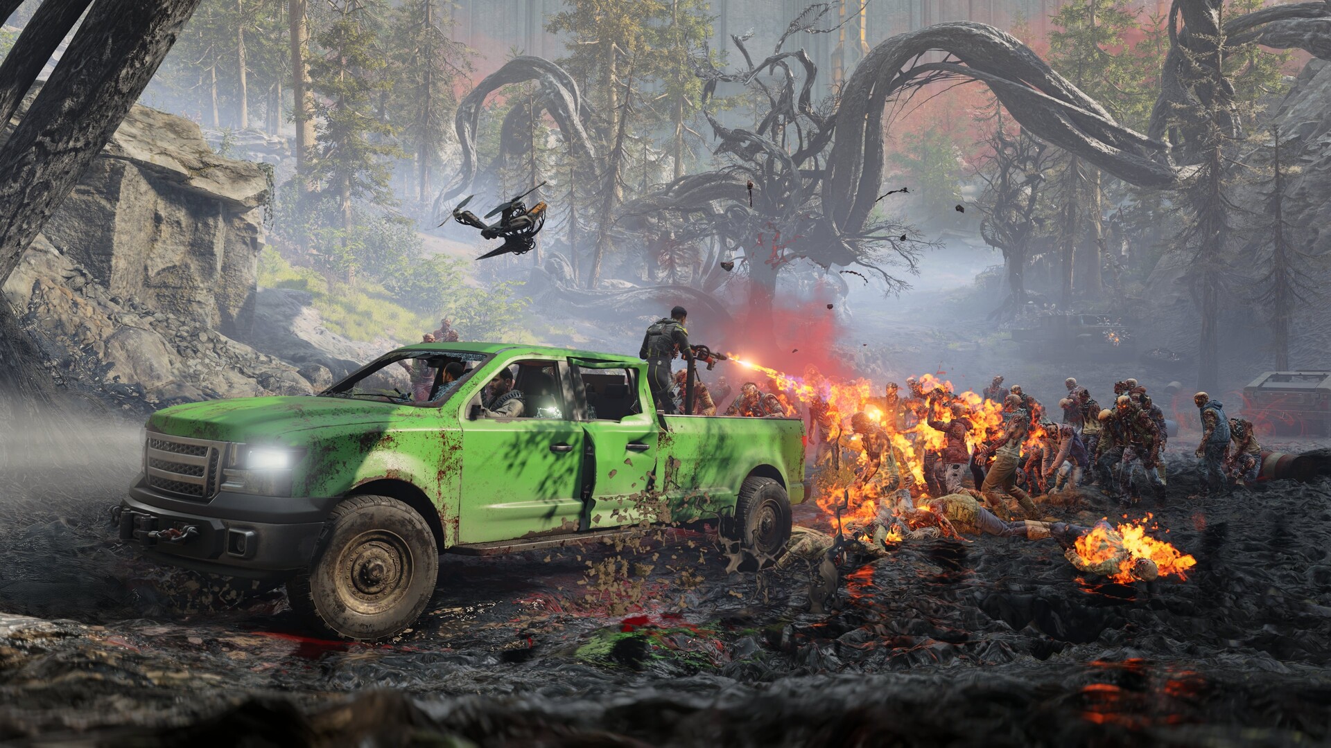 Players shooting at zombies in Toxic Commando