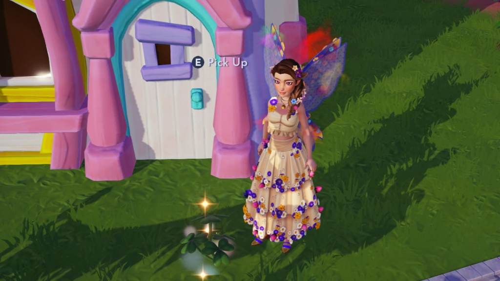 Standing by sparkling three-leaf clover in disney dreamlight valley