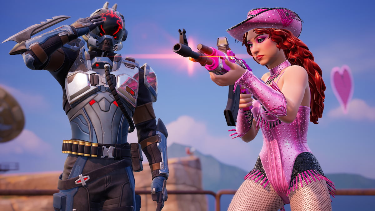 Chappell roan standing and holding gun by the visitor in fortnite