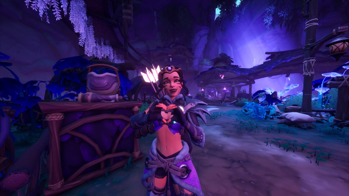 Palia player standing in dark, shadowy, purple elderwood region holding up hands in a heart