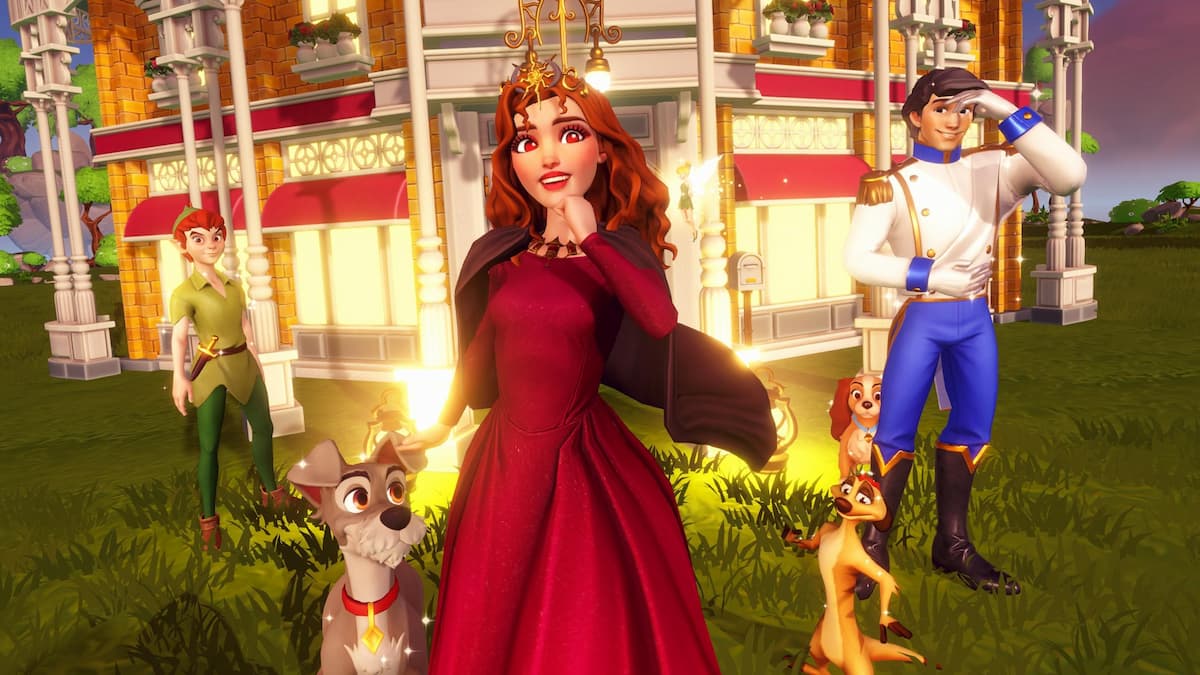 Player in red dress standing with Tramp, Timon, and other villagers in front of yellow building in disney dreamlight valley