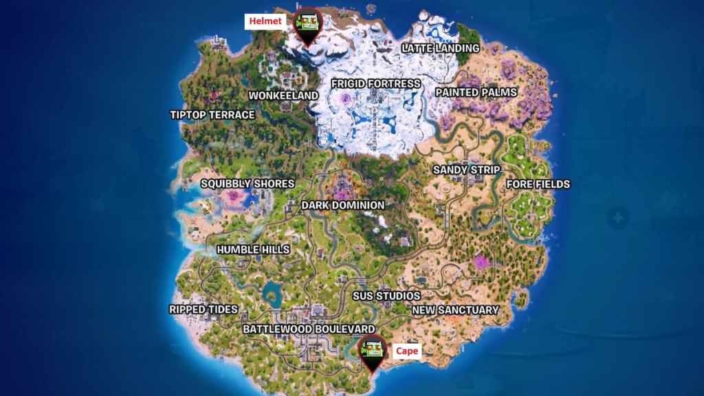 The Foundation's lost helmet and cape map locations marked in Fortnite.