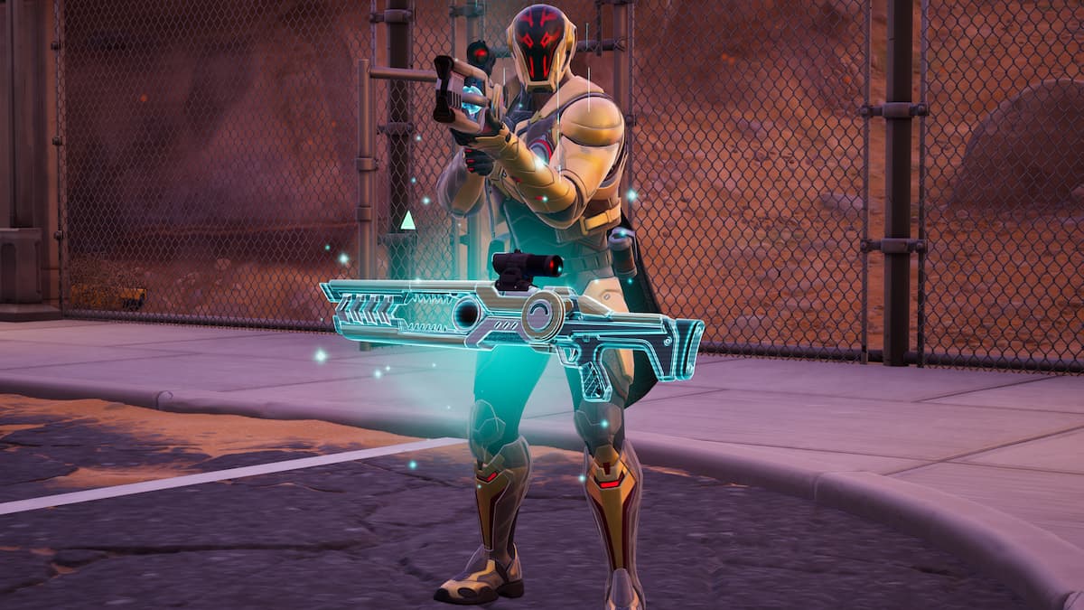 The foundation standing by his rift rifle in fortnite