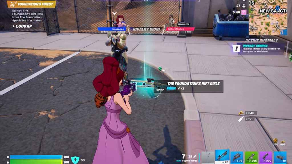 Meg looking at the foundation's rift rifle on ground in fortnite