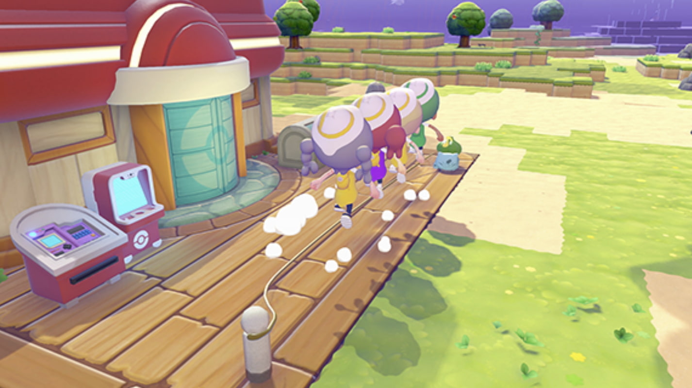 Pokopia players jumping in a Bulbasaur vine jump rope together