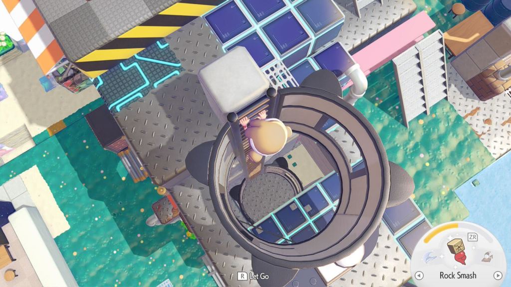 Ditto climbs a ladder in an elevator shaft and looks below to see a platform blocking the pathway.