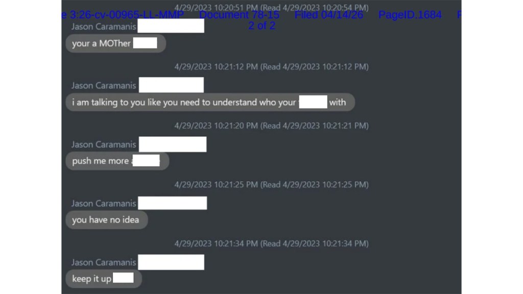 screenshot of court filing that shows messages from Jason Caramanis, with profanities censored