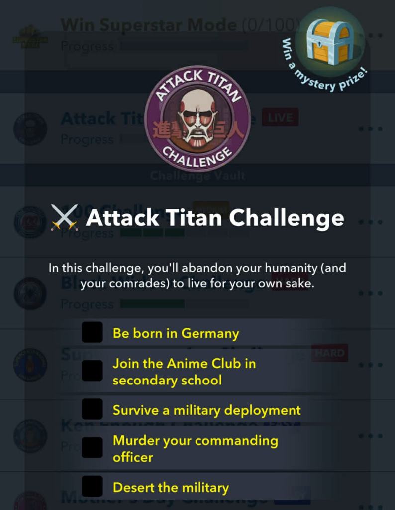Attack titan challenge goals in bitlife