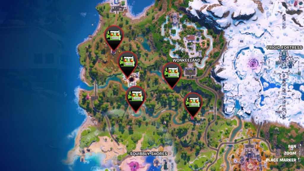 All Elites Outpost or Treechopped Timbermill Chaos Cube locations marked on a map in Fortnite