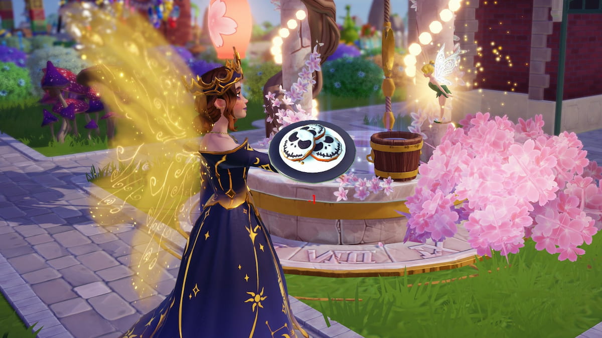 Giving Tinker Bell halloween pumpkin cookies in disney dreamlight valley