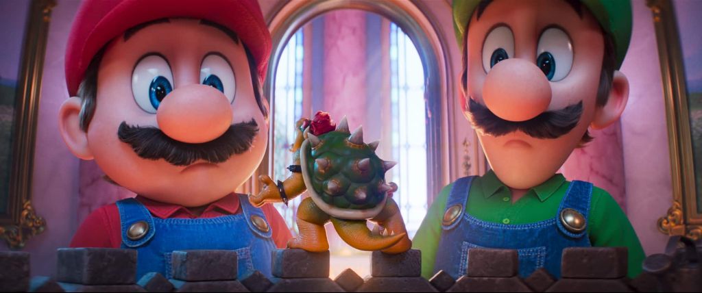 Super Mario Galaxy Movie. Mario, little Bowser, and Luigi