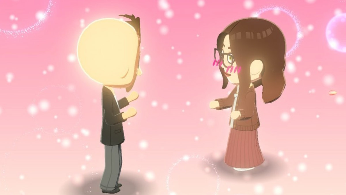 Two miis falling in love in front of pink background in tomodachi life living the dream
