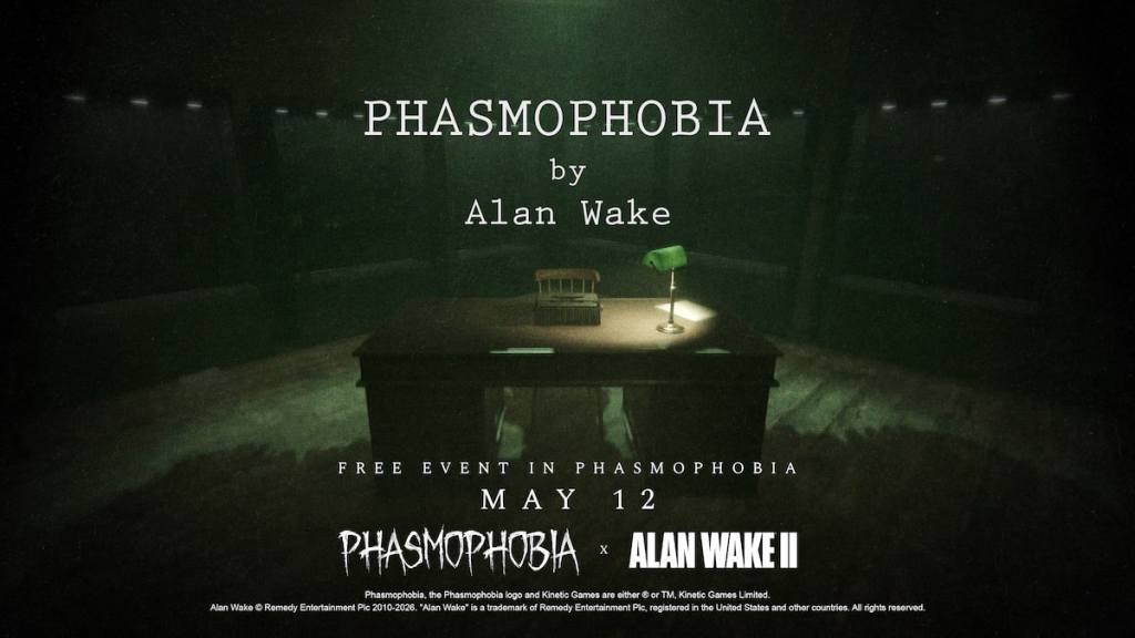 Alan Wake and Phasmophobia collab event art featuring desk in lobby