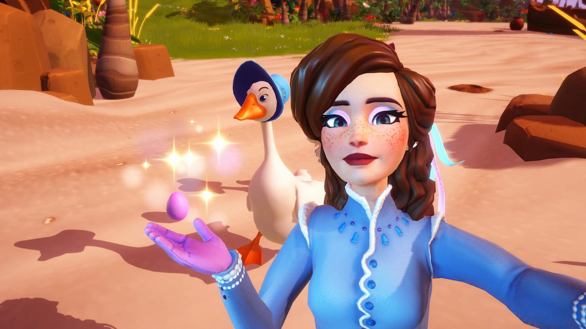 Taking a picture with a purple egg on the ground in disney dreamlight valley
