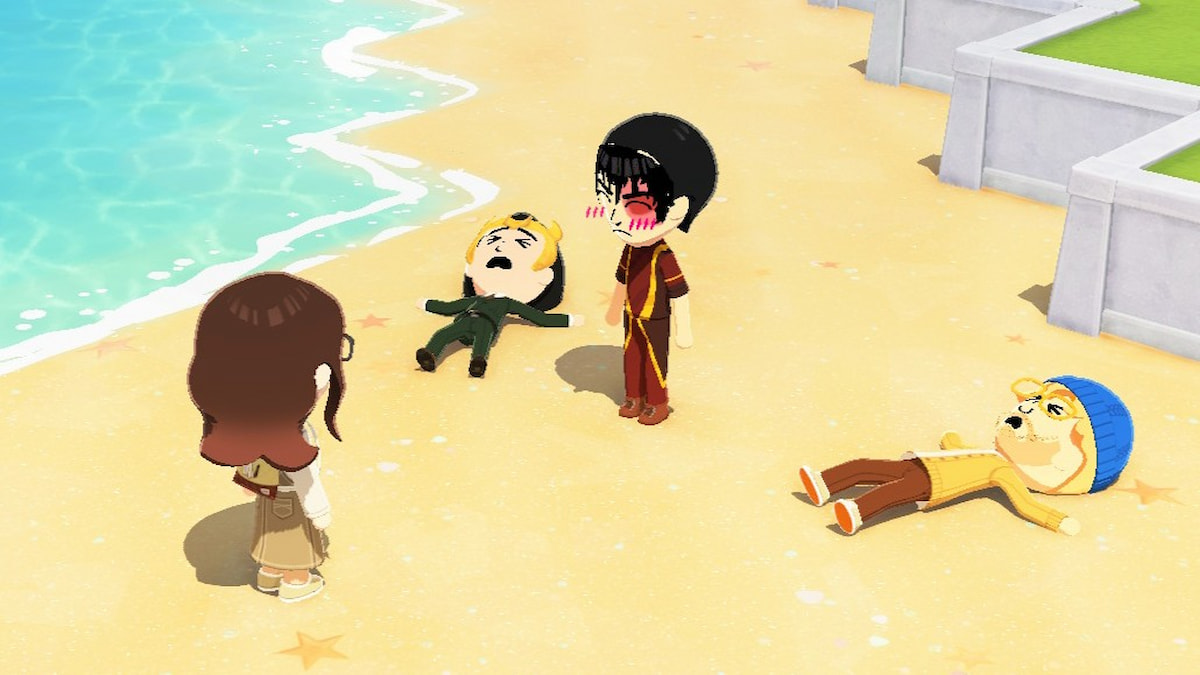 Two miis lying on the beach sadly next to two miis standing up in tomodachi life living the dream