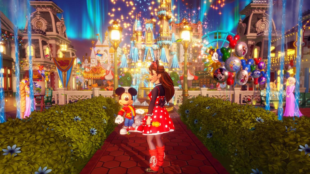 Standing with Mickey in front of castle in disney dreamlight valley