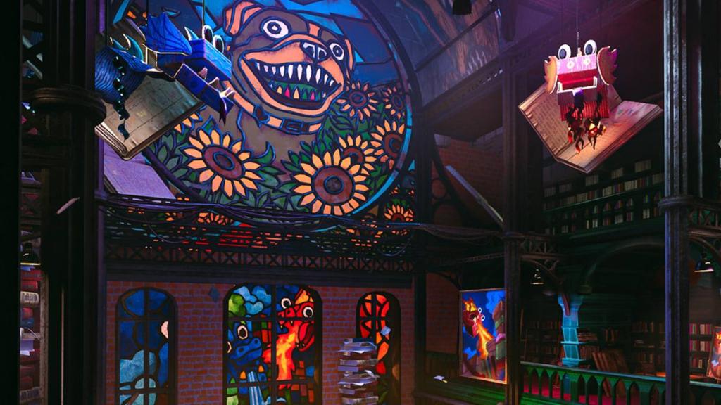 Mosaics with mascots like Chompy on glass panes