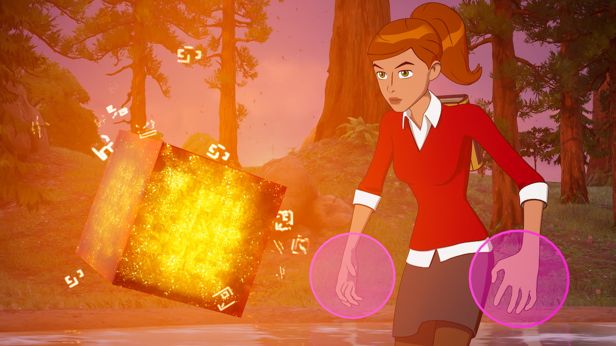 Gwen looking at orange chaos cube in fortnite